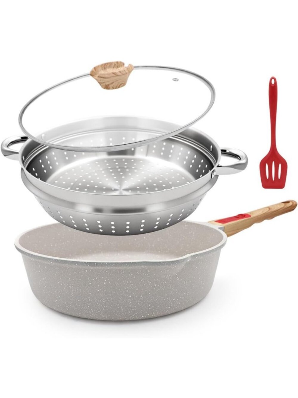 12-Inch Non-Stick Deep Frying Pan with Lid & Steamer, Induction & Oven Safe